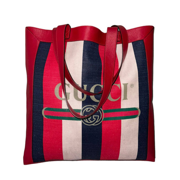 GUCCI Canvas Calfskin Sylvie Stripe Logo Mens Tote Red White Blue Large. - Picture 4 of 16